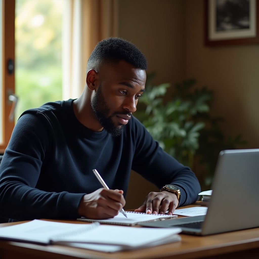 Solopreneur reviewing employment documents and making notes at a wooden desk