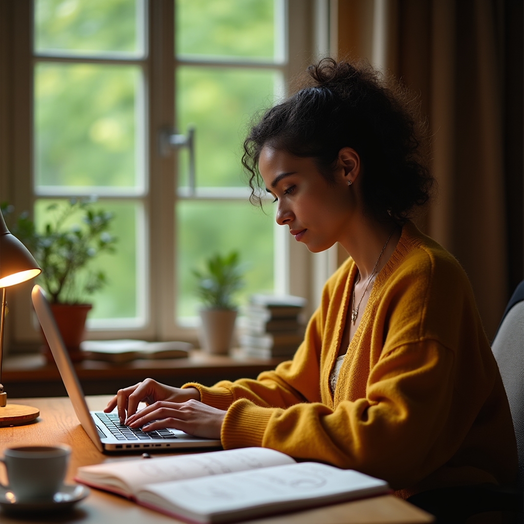 Person writing at a desk with laptop and notebook, warm home office lighting