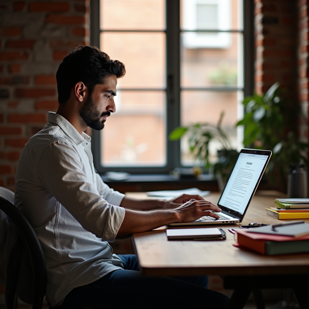 Person writing job description on laptop at clean desk with notes