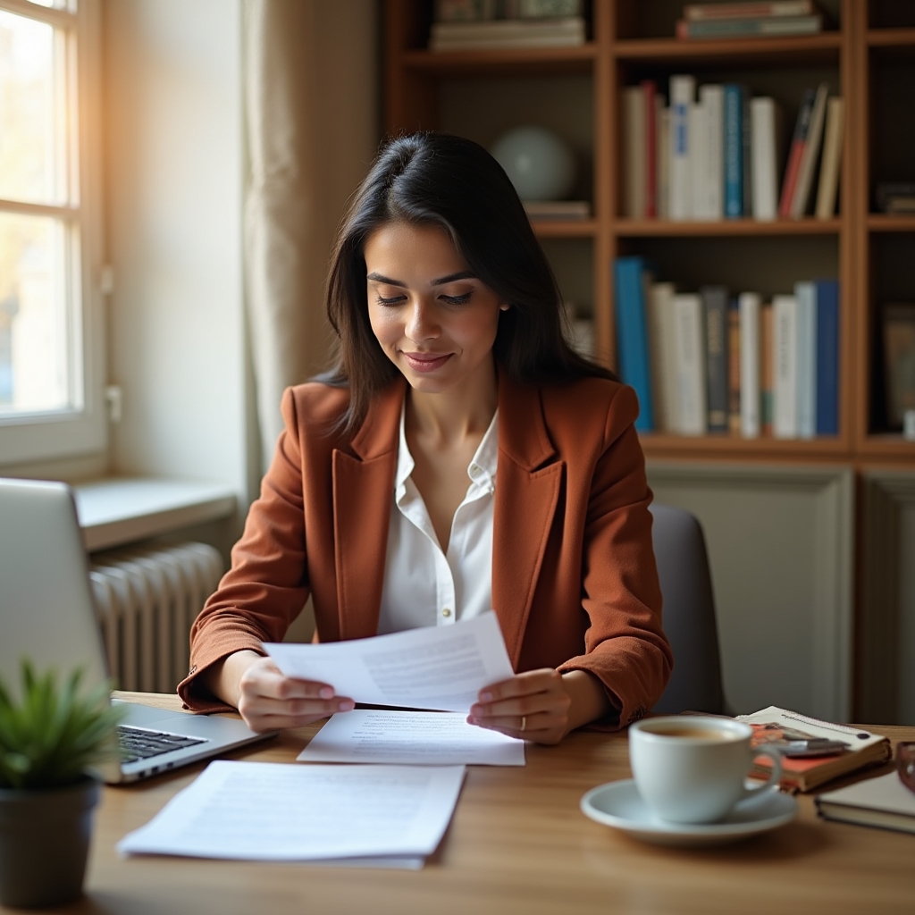 Solopreneur at organized home office desk reviewing hiring paperwork